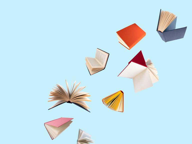 Farbenfroh bezogene Bücher fliegen vor einem blauen Hintergrund durch die Luft