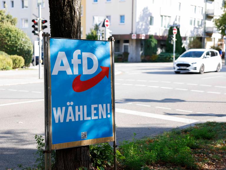 Ein Wahlplakat der rechtspopulistischen AfD steht an einer Laterne, es trägt die Aufschrift "AfD wählen". 
