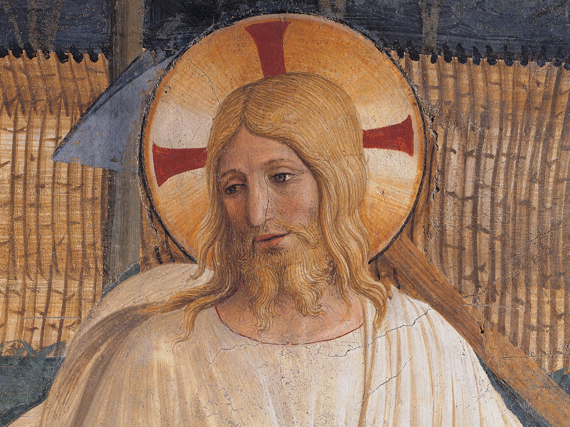 Fresko in Italien, das Gesicht von Jesus Christus, blond und weiß. „Noli me tangere“ von Beato Angelico, 15. Jahrhundert