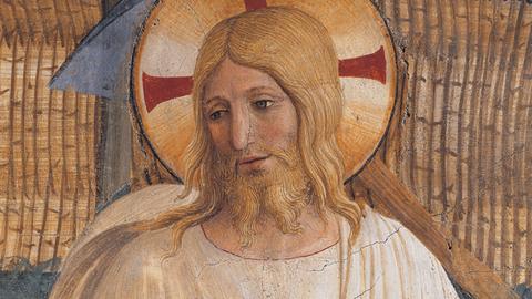 Fresko in Italien, das Gesicht von Jesus Christus, blond und weiß. „Noli me tangere“ von Beato Angelico, 15. Jahrhundert