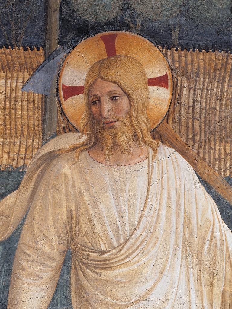 Fresko in Italien, das Gesicht von Jesus Christus, blond und weiß. „Noli me tangere“ von Beato Angelico, 15. Jahrhundert