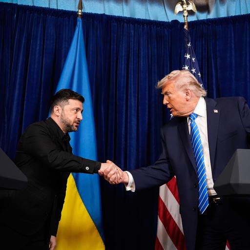 US-Präsident Donald Trump (r) und Wolodymyr Selenskyj, Präsident der Ukraine, geben sich zu Beginn einer gemeinsamen Pressekonferenz nach einem Treffen in Trumps Mar-a-Lago-Club die Hand. 