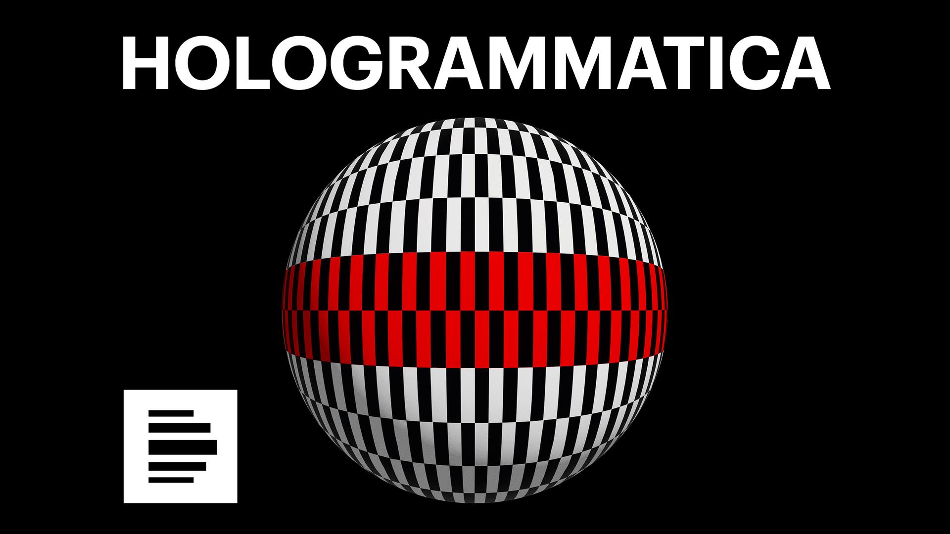 Das Cover des Podcasts "Hologrammatica" zeigt eine Kugel mit einem schwarz-weißen Kachelmuster, deren Äquator ein rot-schwarz gekachelter Streifen bildet Das Cover des Podcasts "Hologrammatica" zeigt eine Kugel mit einem schwarz-weißen Kachelmuster, deren Äquator ein rot-schwarz gekachelter Streifen bildet