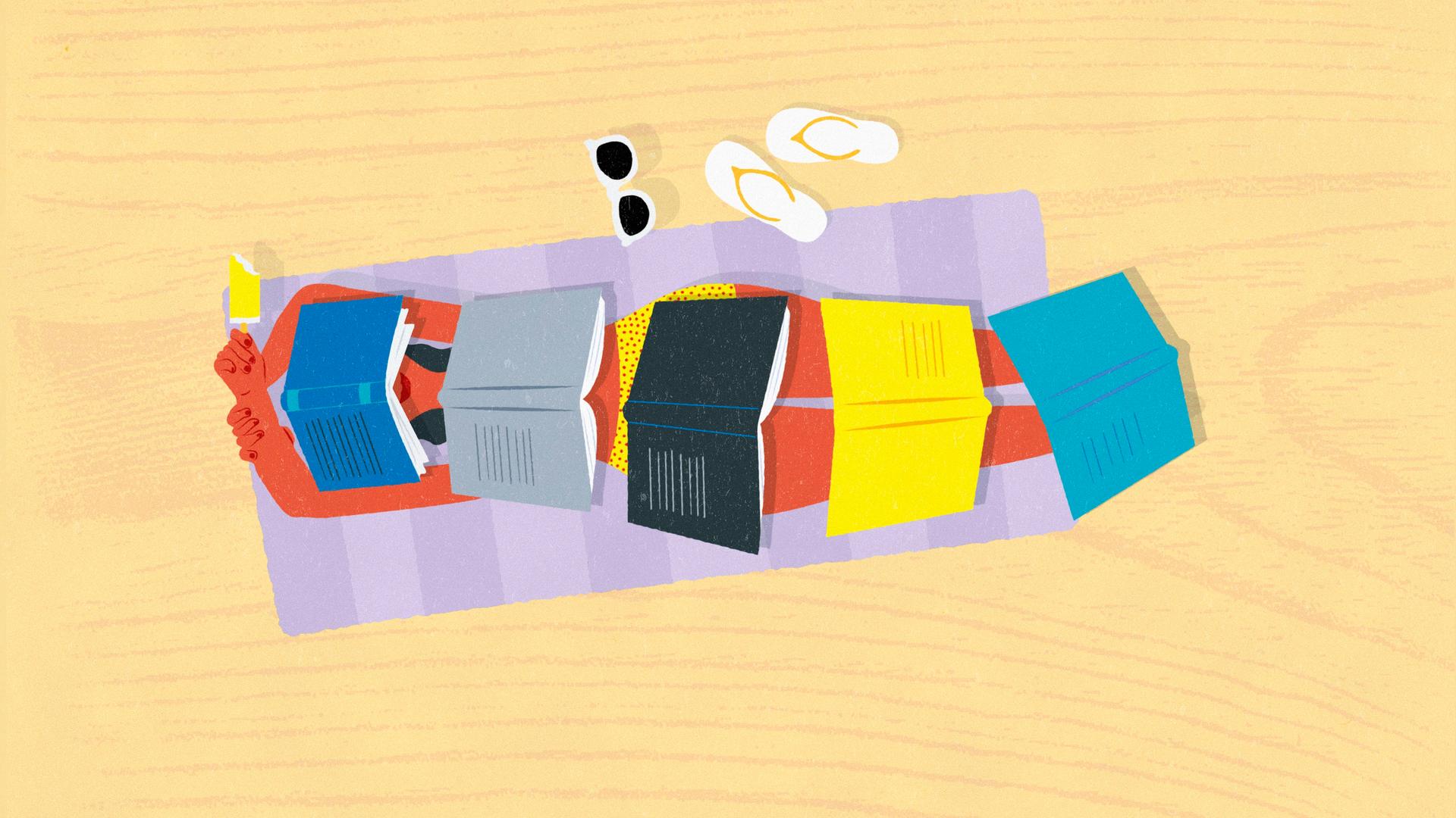 Illustration: Eine Frau liegt am Strand bedeckt mit Büchern