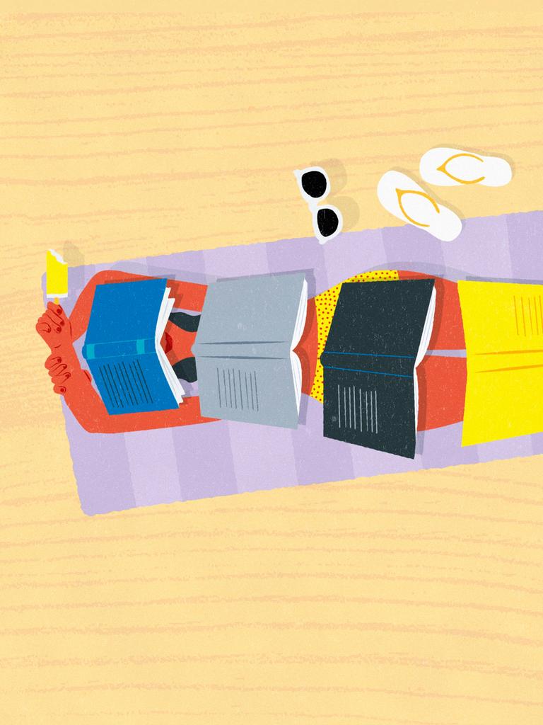 Illustration: Eine Frau liegt am Strand bedeckt mit Büchern Illustration: Eine Frau liegt am Strand bedeckt mit Büchern