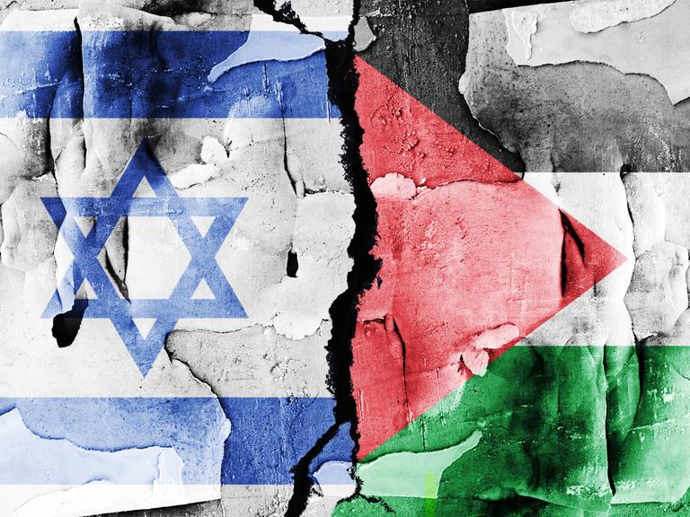 FOTOMONTAGE, Fahnen von Israel und Palästina, Symbolfoto Nahost-Konflikt *** PHOTOMONTAGE, Flags of Israel and Palestine, symbolic photo Middle East conflict