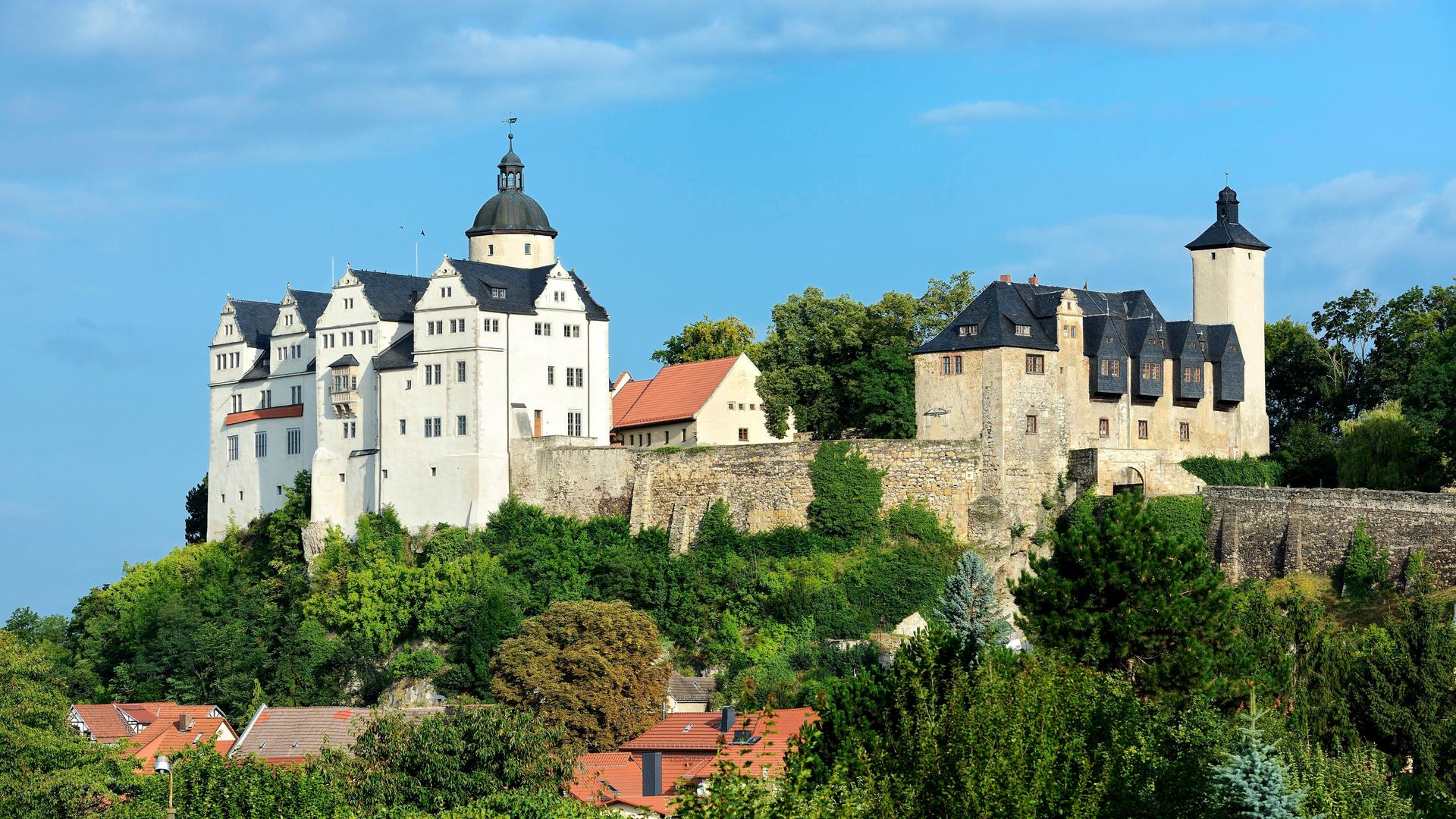 Aut einem Berg steht zwischen Bäumen eine Burganlage. Links sind weiße Gebäude mit einem Turm, in der Mitte eine alte Burgmauer, rechts sind ältere beige Gebäude mit einem weiteren Turm zu sehen.