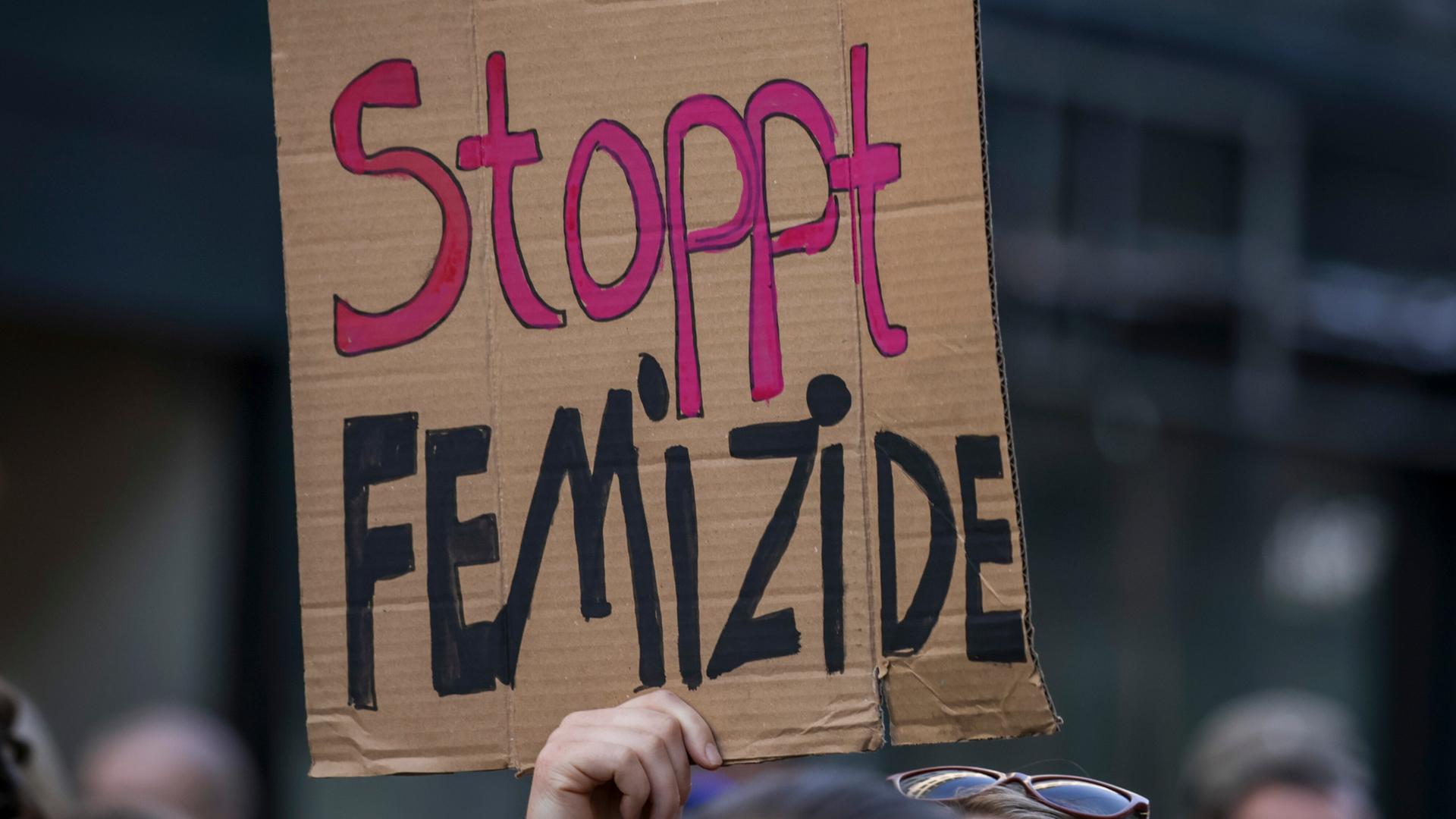 Eine Teilnehmerin einer Demonstration hält ein Schild mit der Aufschrift "Stoppt Femizide" Eine Teilnehmerin einer Demonstration hält ein Schild mit der Aufschrift "Stoppt Femizide"
