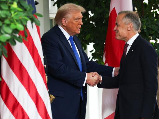 Donald Trump und Mark Carney schütteln einander die Hände. Sie stehen vor der amerikanischen und der kanadischen Flagge.