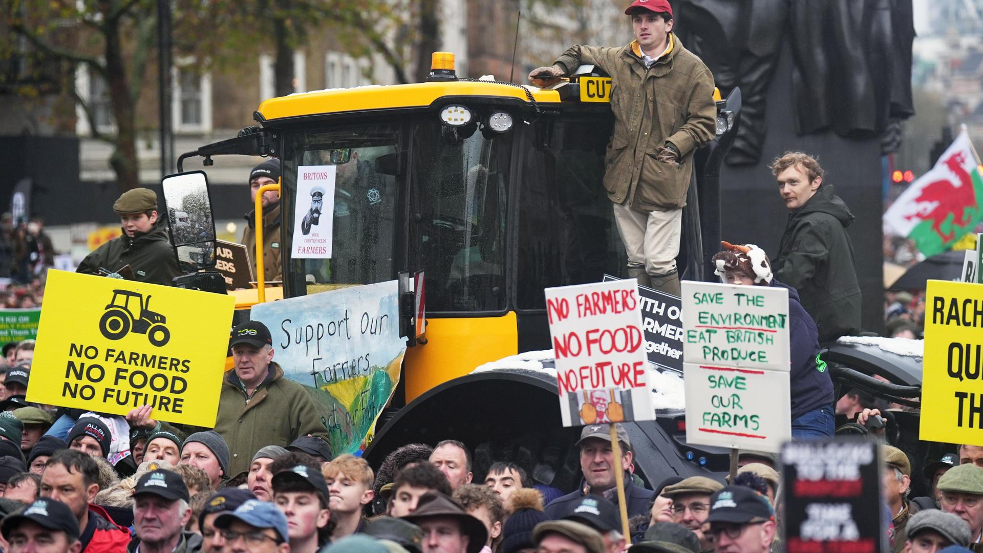 Landwirte protestieren im Zentrum Londons. Sie stehen auf einem Traktor und halten Plakate hoch.