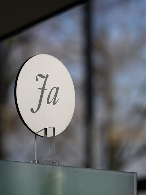 Ein Schild mit der Aufschrift "Ja" ist an einer Tür zum Plenarsaal im Sächsischen Landtag angebracht. Das Schild dient beim sogenannten Hammelsprung als Orientierung beim Auszählen.