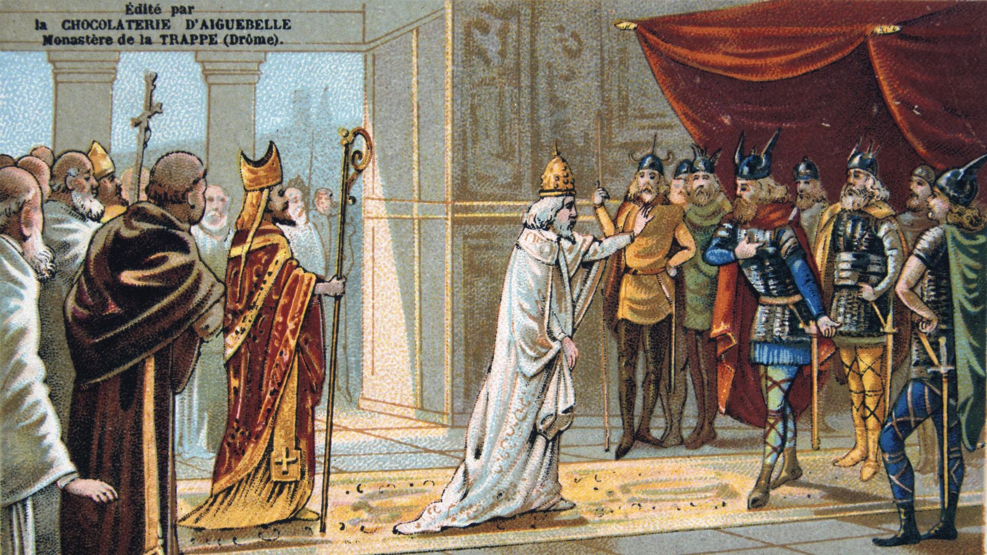 Pope Stephen II Pope Stephen II (III) in Paris asking Pepin the Short for help against the Lombards. Pepin or Pippin (714-768) King of the Franks from 751, father of Charlemagne. Nineteenth century Trade Card Chromolithograph PUBLICATIONxINxGERxSUIxAUTxONLY Copyright: xPhoto12/AnnxRonanxPicturexLibraryx ARP15A01434 Pope Stephen II Pope Stephen II (III) in Paris asking Pepin the Short for help against the Lombards. Pepin or Pippin (714-768) King of the Franks from 751, father of Charlemagne. Nineteenth century Trade Card Chromolithograph PUBLICATIONxINxGERxSUIxAUTxONLY Copyright: xPhoto12/AnnxRonanxPicturexLibraryx ARP15A01434