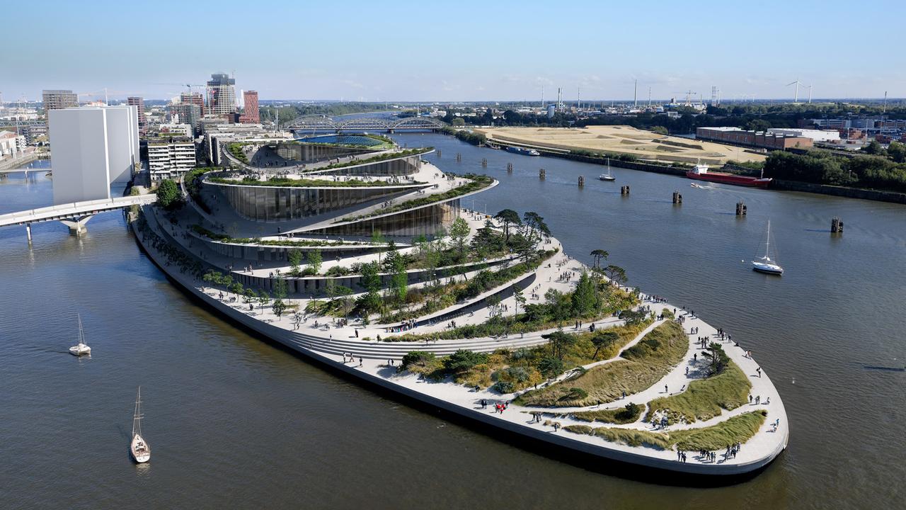 Eine Fotomontage zeigt den Entwurf des Architektenbüros für die neue Hamburger Oper - ein helles Gebäude mit viel Glas und Außenbereichen auf dem Wasse.