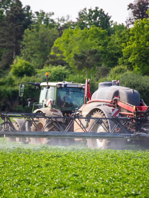 Einsatz von Pflanzenschutzmitteln mit einem Traktor auf einem Feld. 