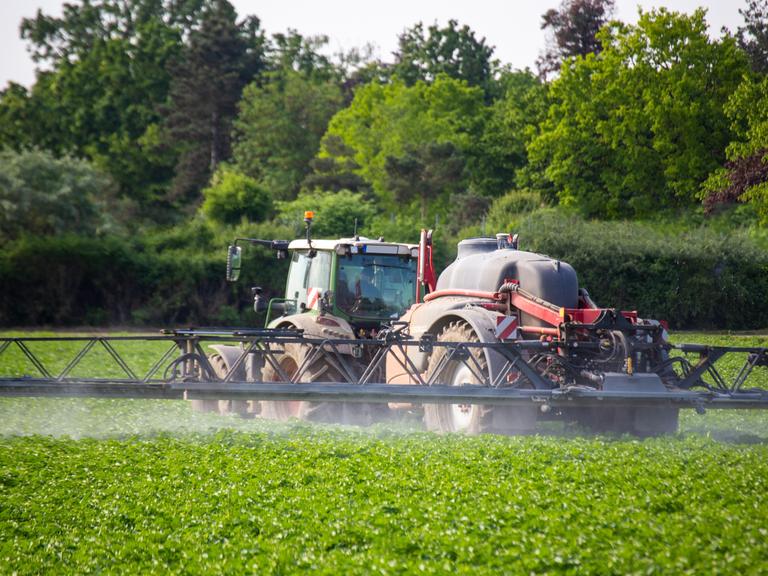 Einsatz von Pflanzenschutzmitteln mit einem Traktor auf einem Feld. 