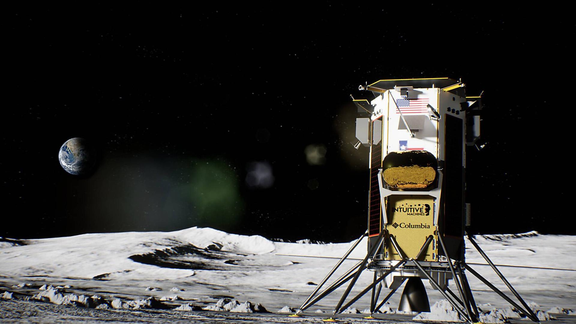 Das Foto zeigt das Raum-Schiff "Odysseus" auf dem Mond. Odysseus sieht aus wie ein großer Kühlschrank mit schrägen Beinen.