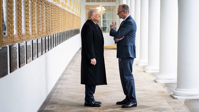US-Präsident Donald Trump und Bundeskanzler Friedrich Merz unterhalten sich bei ihrem Treffen in Washington. 

