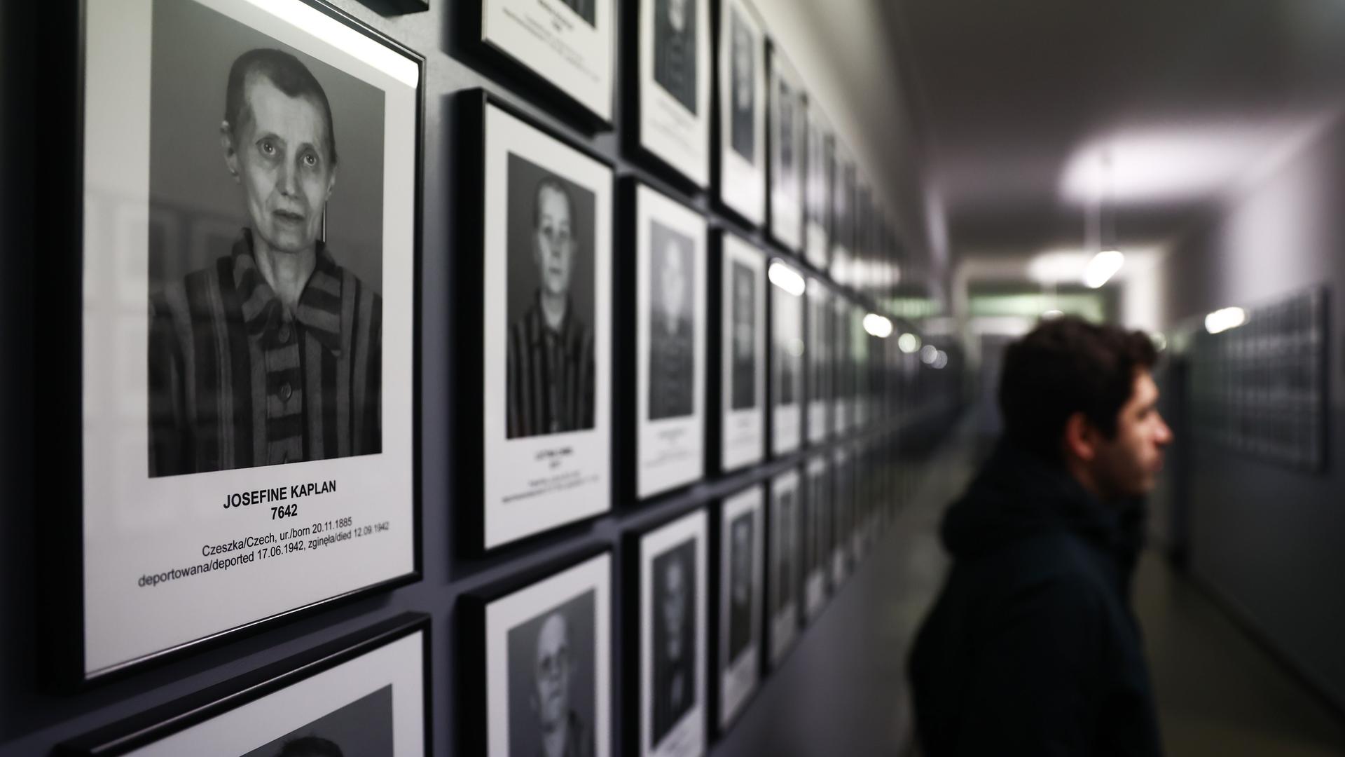 Ein Besucher der Gedenkstätte Auschwitz betrachtet Fotos ehemaliger Häftlinge des Konzentrationslagers Auschwitz Ein Besucher der Gedenkstätte Auschwitz betrachtet Fotos ehemaliger Häftlinge des Konzentrationslagers Auschwitz