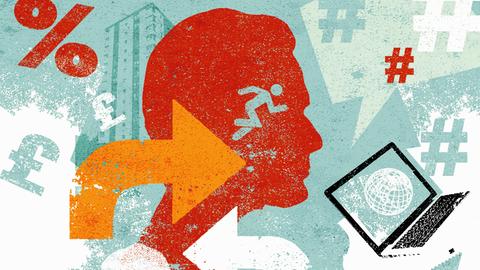 Illustration: Menschen unter Erfolgsdruck. Geld und Hashtag Symbole schweben um einen roten Kopf mit Notausgangs Icon.