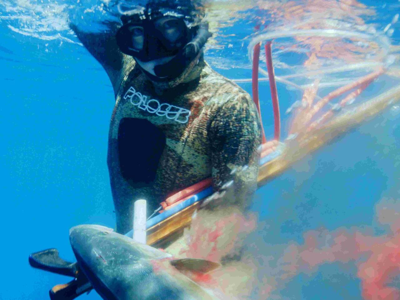 Unterwasseraufnahme von Speerfischerin Mitsuki Hara mit einem gefangenen Speerfisch