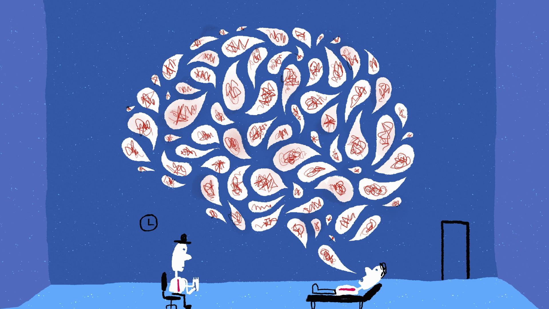 Illustration einer Therapiesitzung: Eine Person liegt auf der Couch, eine andere sitzt daneben. Über ihnen schwebt ein großes, gehirnförmiges Muster aus Gedanken und Erinnerungen.