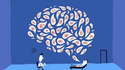 Illustration einer Therapiesitzung: Eine Person liegt auf der Couch, eine andere sitzt daneben. Über ihnen schwebt ein großes, gehirnförmiges Muster aus Gedanken und Erinnerungen.