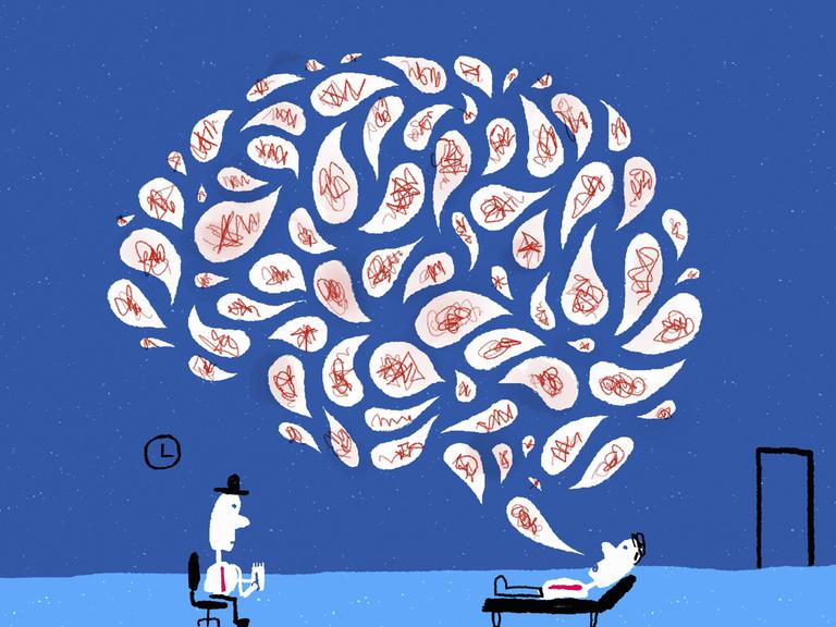 Illustration einer Therapiesitzung: Eine Person liegt auf der Couch, eine andere sitzt daneben. Über ihnen schwebt ein großes, gehirnförmiges Muster aus Gedanken und Erinnerungen.