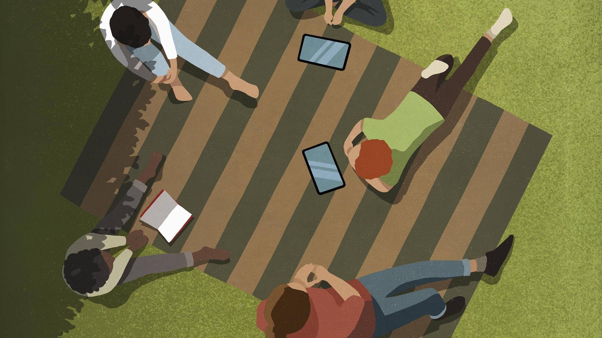 Illustration: Jugendliche Freunde sitzen auf einer Decke im Park. Vor ihnen liegen Tabletts und ein Buch. 