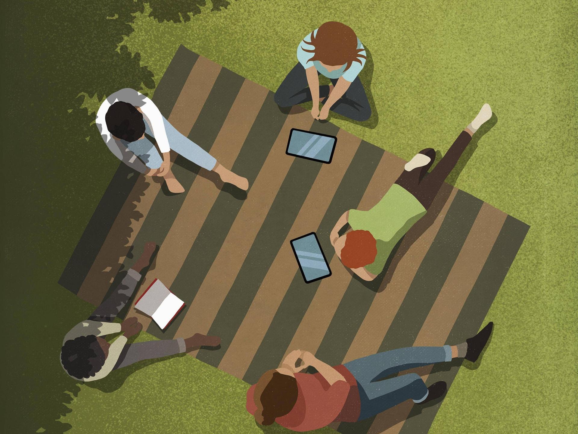Illustration: Jugendliche Freunde sitzen auf einer Decke im Park. Vor ihnen liegen Tabletts und ein Buch. 