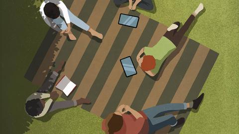 Illustration: Jugendliche Freunde sitzen auf einer Decke im Park. Vor ihnen liegen Tabletts und ein Buch. 