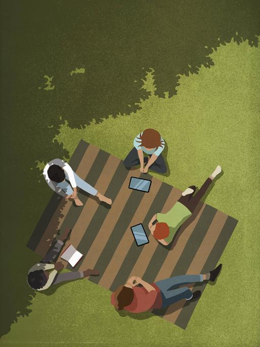 Illustration: Jugendliche Freunde sitzen auf einer Decke im Park. Vor ihnen liegen Tabletts und ein Buch. Illustration: Jugendliche Freunde sitzen auf einer Decke im Park. Vor ihnen liegen Tabletts und ein Buch.