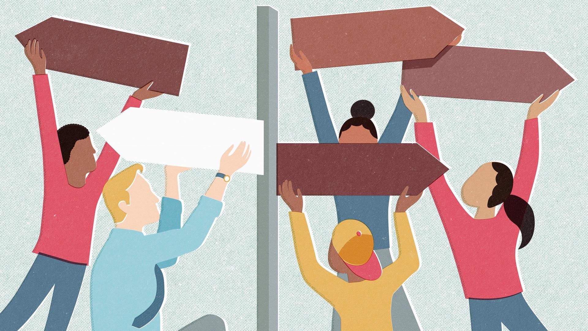 Illustration mit Menschen unterschiedlicher Herkunft.