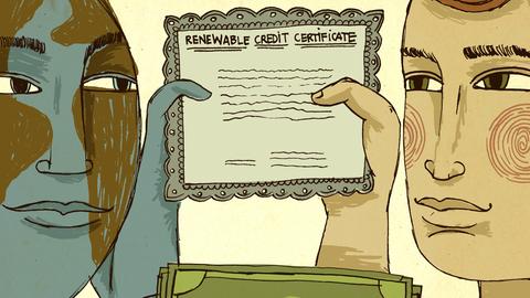 Illustration einer Person, die mit einer wie eine Person aussehenden Welt eine Dollarnote gegen ein Erneuerbare Energien Zertifikat tauscht.