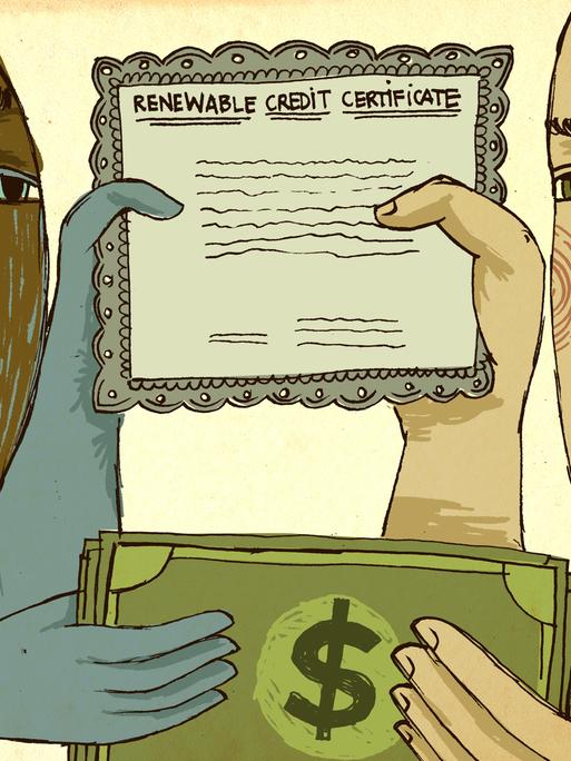 Illustration einer Person, die mit einer wie eine Person aussehenden Welt eine Dollarnote gegen ein Erneuerbare Energien Zertifikat tauscht.