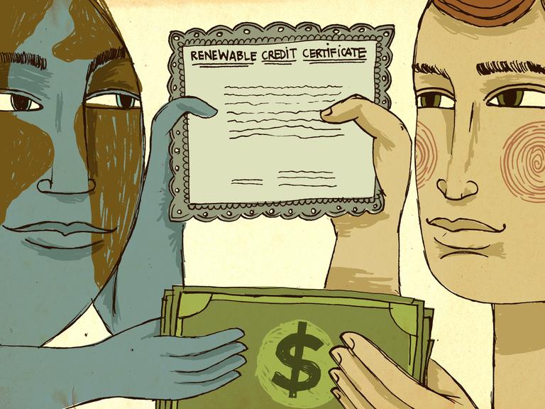 Illustration einer Person, die mit einer wie eine Person aussehenden Welt eine Dollarnote gegen ein Erneuerbare Energien Zertifikat tauscht.