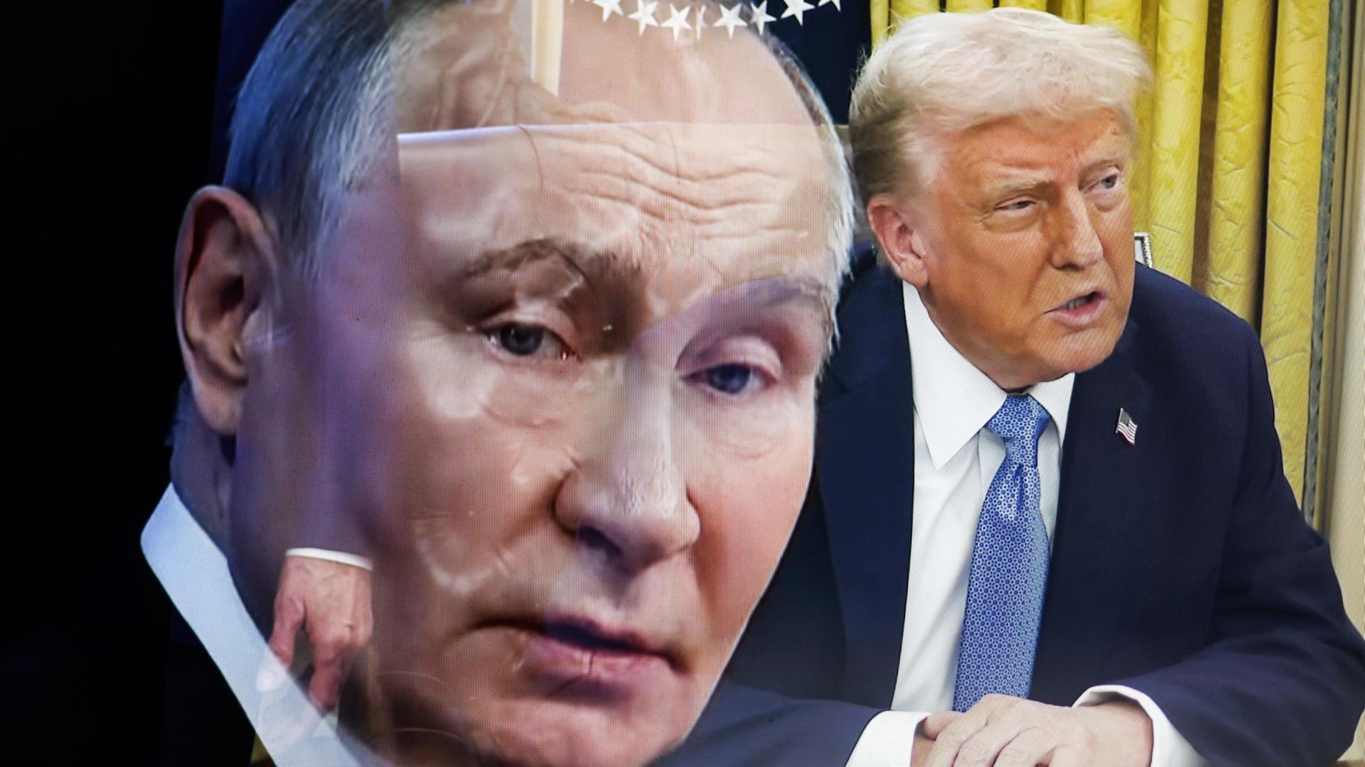 Eine Illustration zeigt die Porträts von Wladimir Putin (l.) und  Donald Trump (r.) in einer Fotomontage.