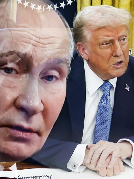 Eine Illustration zeigt die Porträts von Wladimir Putin (l.) und  Donald Trump (r.) in einer Fotomontage.