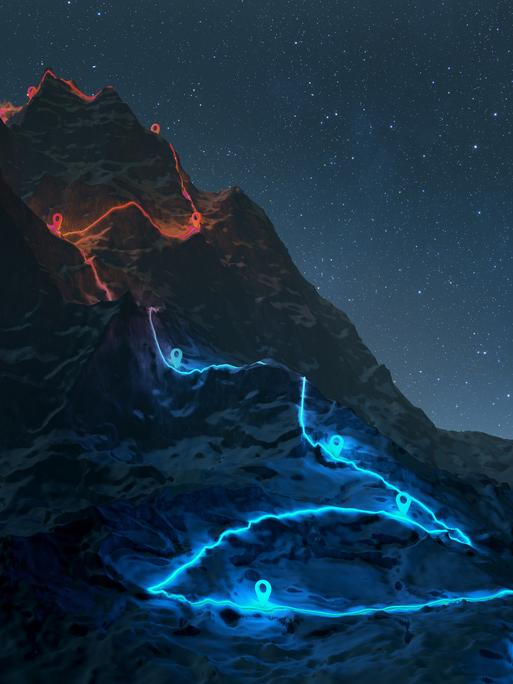 3D-Illustration einer Bergroute mit Wegmarken, von der ein Teil der Route in Blau und der hintere Teil in Rot angezeigt wird.