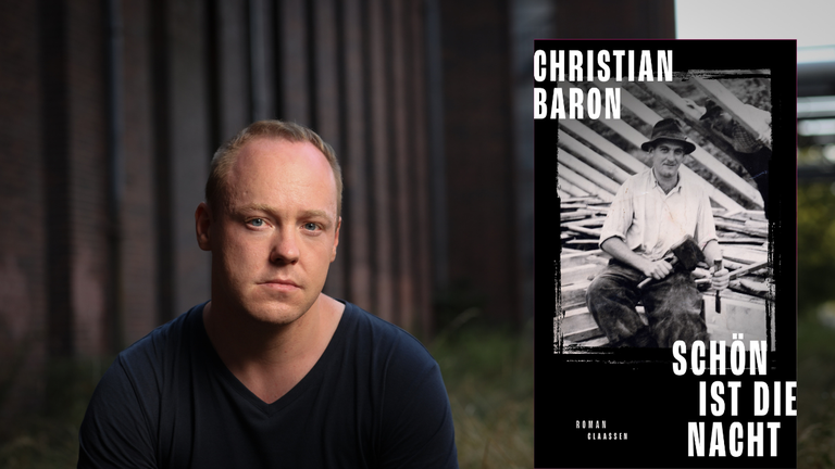 Der Schrifsteller Christian Baron und das Buchcover seines Romans „Schön ist die Nacht“