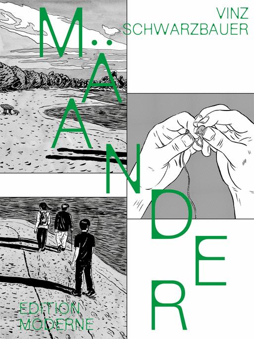 Das Cover der Graphic Novel zeigt schwarzweiße Zeichnungen und den Titel in grüner Schrift. Die Zeichnungen bilden unter anderem drei Menschen ab, die an einem Strand entlang laufen.