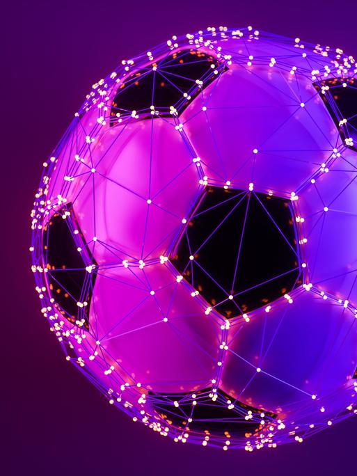 Grafik eines Fußballs, über den ein Raster aus Leuchtpunkten und Verbindungslinien gezogen ist.