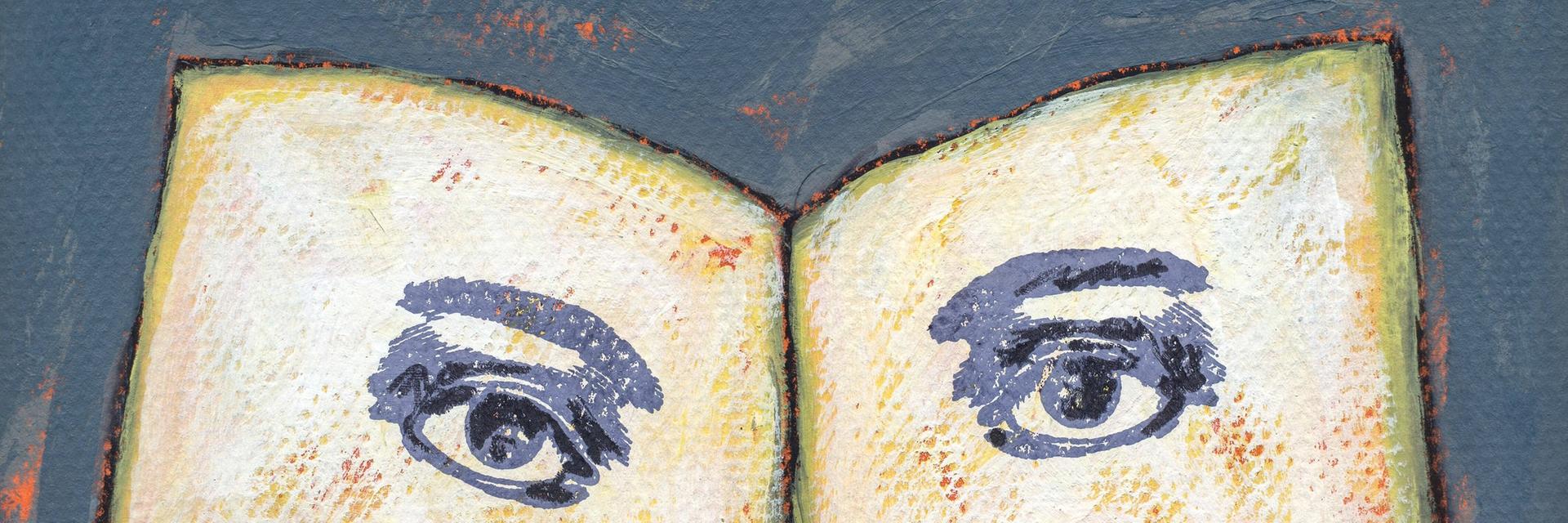 Illustration eines aufgeklappten Buches mit Augen und Wurzeln. Illustration eines aufgeklappten Buches mit Augen und Wurzeln.