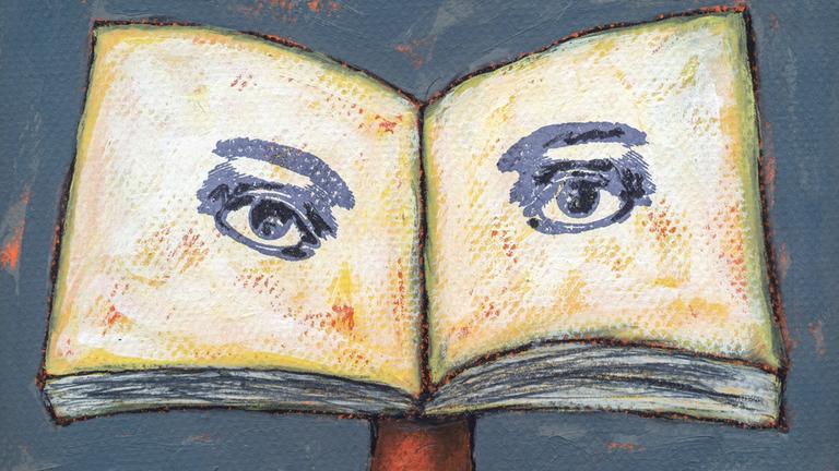 Illustration eines aufgeklappten Buches mit Augen und Wurzeln. Illustration eines aufgeklappten Buches mit Augen und Wurzeln.