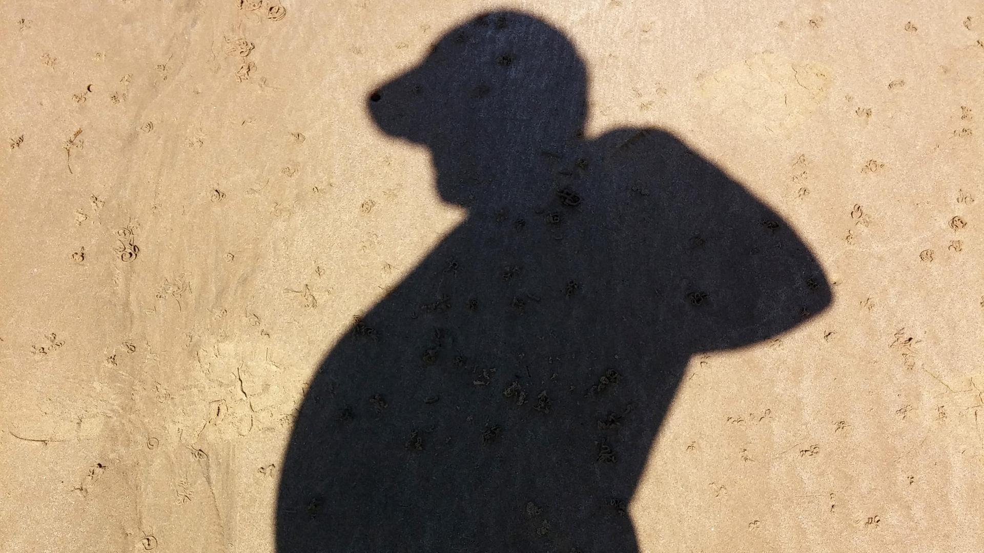 Schatten eines dicken Mannes am Sandstrand.