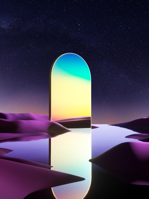 Digital generiertes Bild eines sich öffnenden Portals am Nachthimmel. Ein Spiegel steht auf einer Wasser-und Wüstenlandschaft.