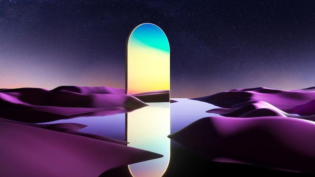 Digital generiertes Bild eines sich öffnenden Portals am Nachthimmel. Ein Spiegel steht auf einer Wasser-und Wüstenlandschaft.