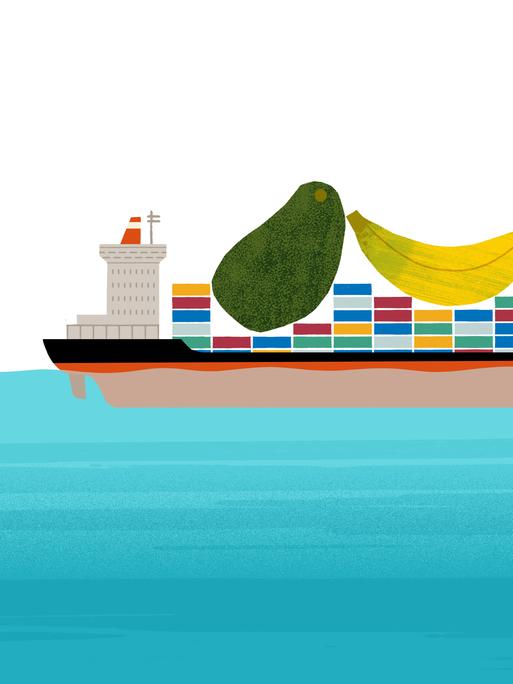 Illustration: Ein Cargoschiff mit übergrossem Obst und Gemüse auf Deck.