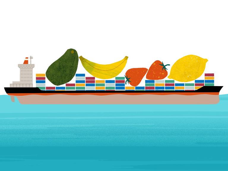 Illustration: Ein Cargoschiff mit übergrossem Obst und Gemüse auf Deck.