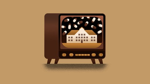 Abstrakte Zeichnung eines altmodischen TV-Gerätes, auf dessen Bildschirm ein Bild eines Kinderheims zu sehen ist, der das Gebäude umgebene Himmel ist voller Tabletten, vor braunem Hintergrund 