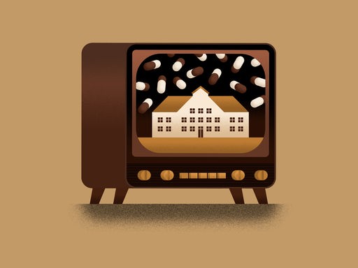 Abstrakte Zeichnung eines altmodischen TV-Gerätes, auf dessen Bildschirm ein Bild eines Kinderheims zu sehen ist, der das Gebäude umgebene Himmel ist voller Tabletten, vor braunem Hintergrund 